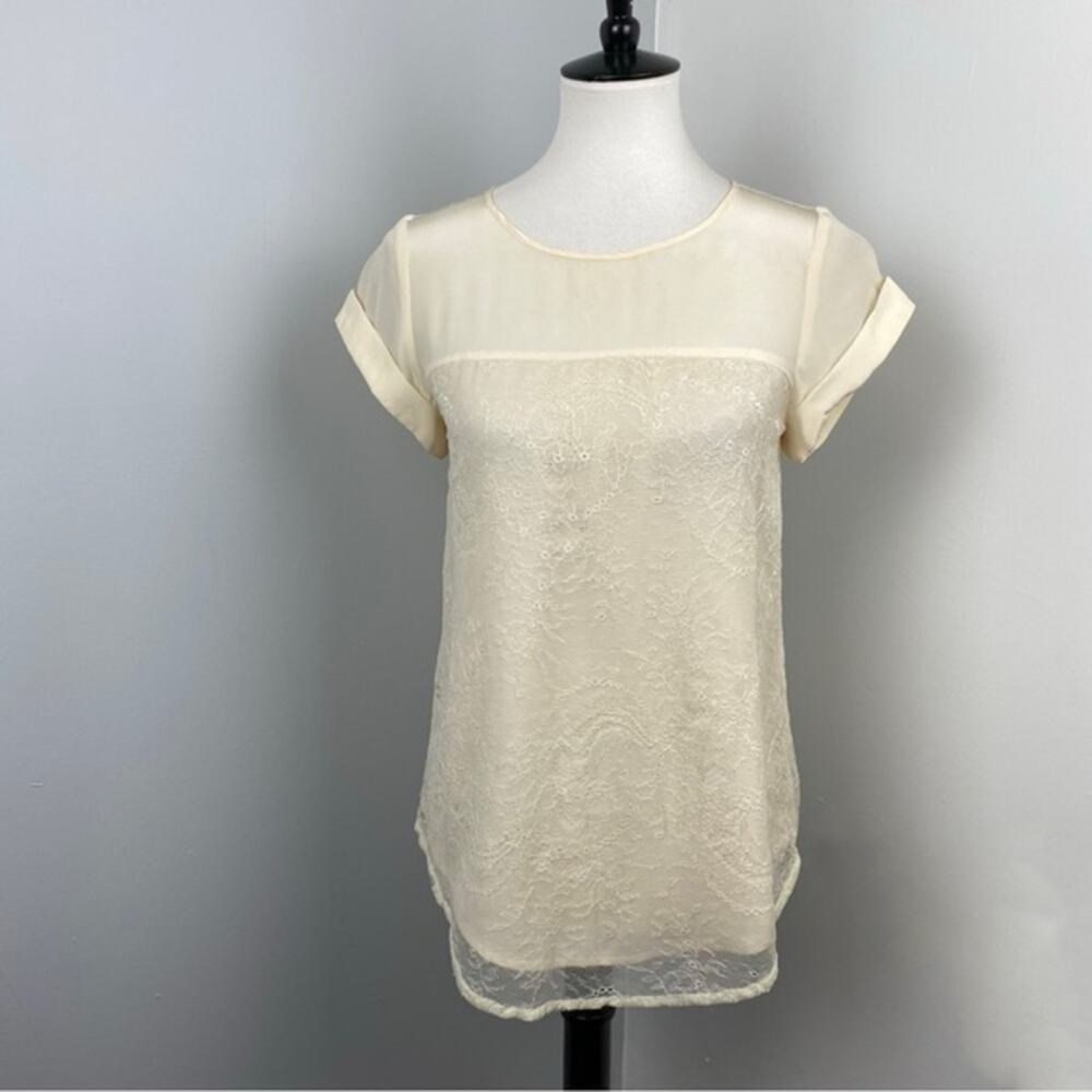 REISS Cream Silk Lace Cuffed Short Sleeve Blouse Sz 2